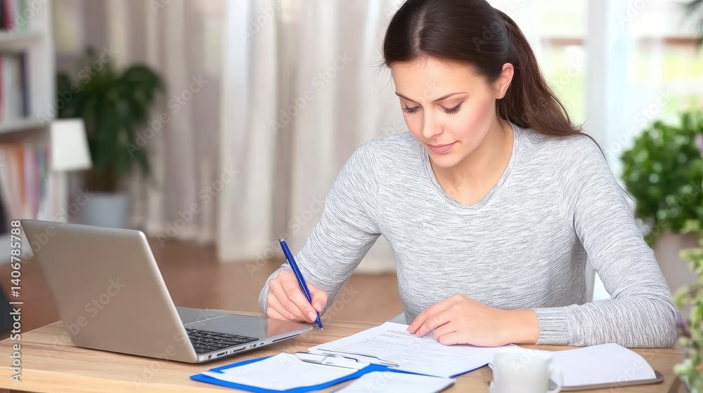 Focused young woman analyzing documents while working from her home office Focused young woman analyzing documents while working from her home office