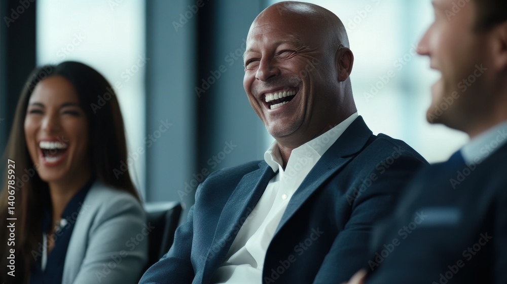 Mature businessman laughing while sitting with a diverse group of colleagues during a meeting in an office Mature businessman laughing while sitting with a diverse group of colleagues during a meeting in an office