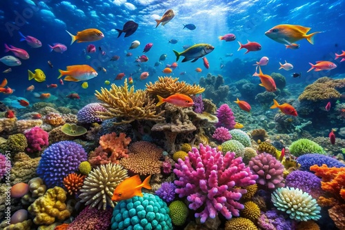 Vibrant coral reef panorama beneath deep blue ocean, teeming with colorful fish and marine life