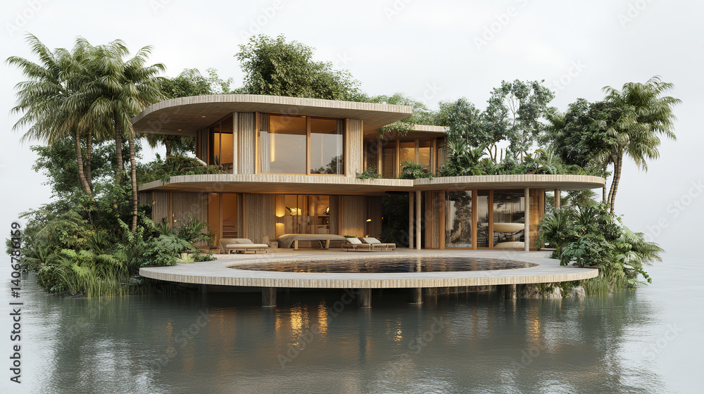 modern resort style house surrounded by water and lush greenery modern resort style house surrounded by water and lush greenery