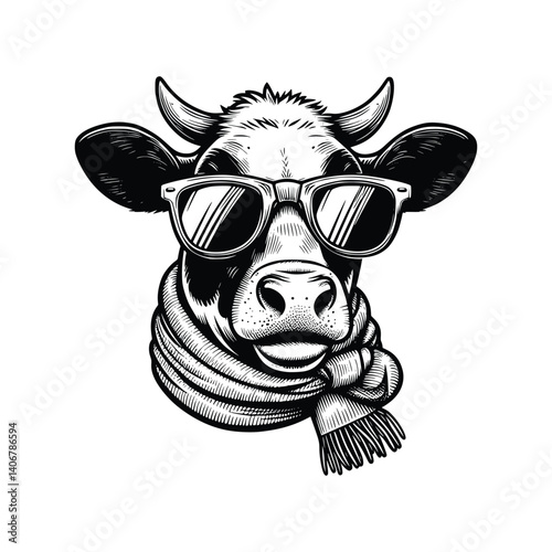 Illustration of cow wearing sunglasses and shawl black line illustration, hand drawn cow illustration