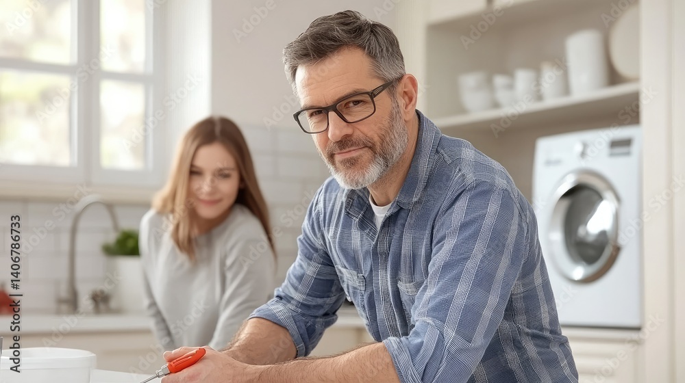 Fototapeta premium Mature man using screwdriver in kitchen with woman looking on in background