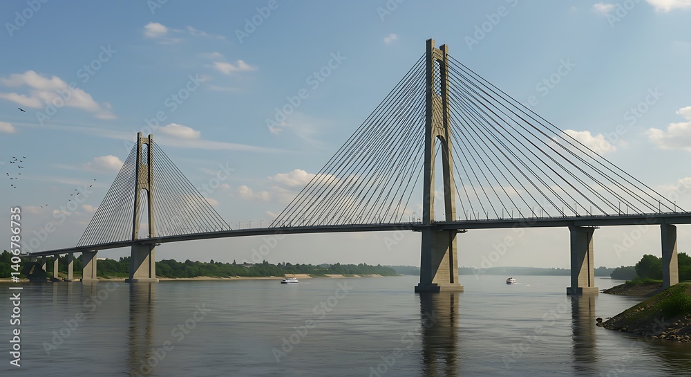 Elegant Cable-Stayed Bridge Spanning Serene River: A Peaceful Vista Elegant Cable-Stayed Bridge Spanning Serene River: A Peaceful Vista