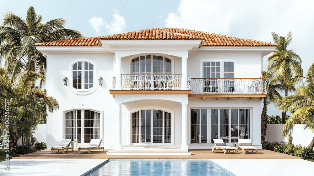 Fototapeta premium Elegant resort style house with pool and palm trees, exuding luxury and relaxation