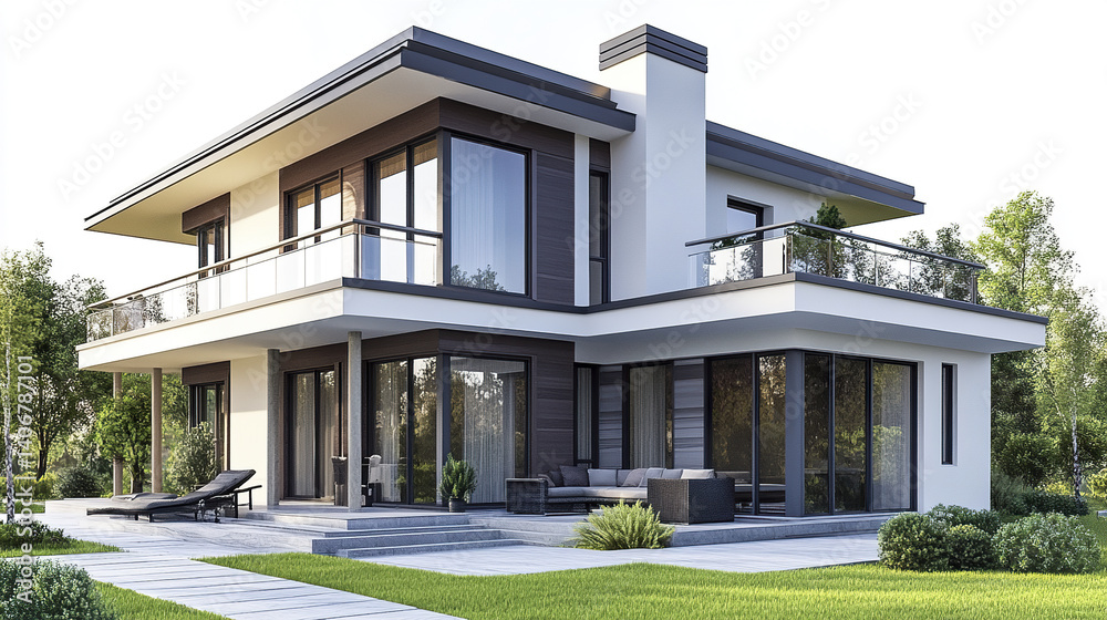 Modern two story house with large windows and garden Modern two story house with large windows and garden