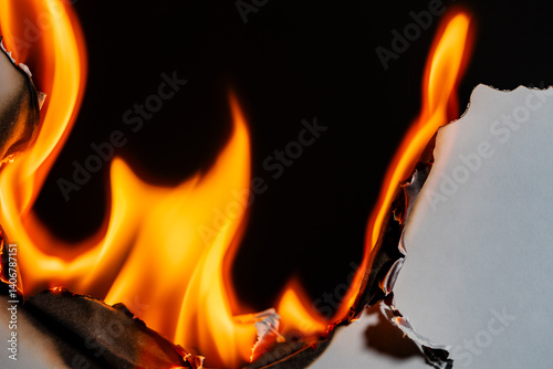 White paper burning on a black background, closeup. Paper burns, smoke and turns into ashes. Fire and paper