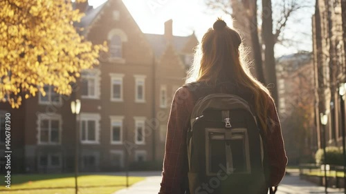 Female student with backpack walking towards university campus in the autumn sunshine