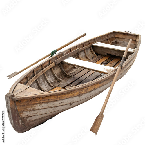 Aged wood rowing boat isolated on transparent background