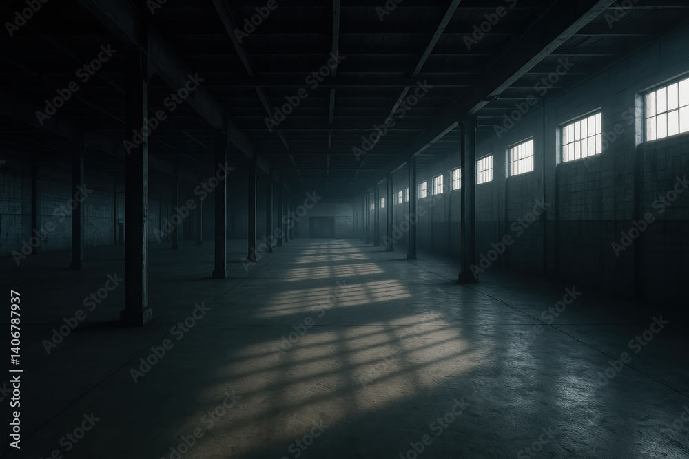 dimly lit warehouse evokes feelings of depression with shadows stretching across floor creating haunting atmosphere dimly lit warehouse evokes feelings of depression with shadows stretching across floor creating haunting atmosphere