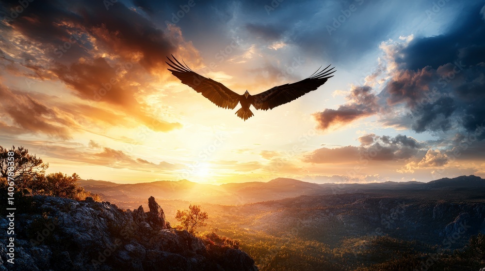 Fototapeta premium Eagle soars at sunrise over mountain range nature scene dramatic sky majestic wildlife photography
