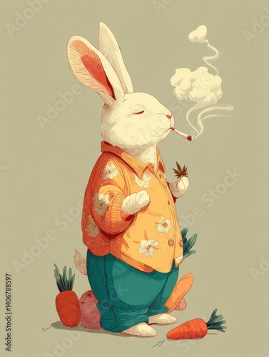 Rabbit is smoking a joint while wearing a Hawaiian shirt