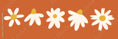 Cute Daisy flower chamomile boho set. Spring camomile blossom icon collection. Vector hand drawn illustration