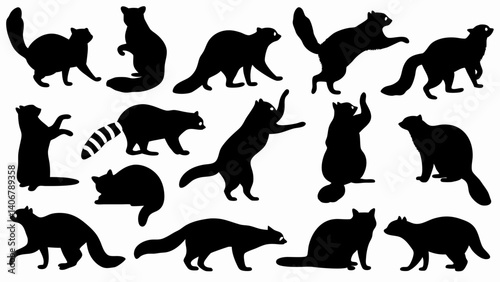 set of raccoon silhouette vector on white background