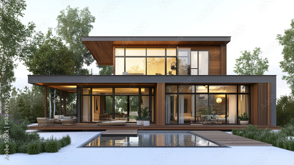Modern resort style house with large windows and pool, surrounded by trees Modern resort style house with large windows and pool, surrounded by trees