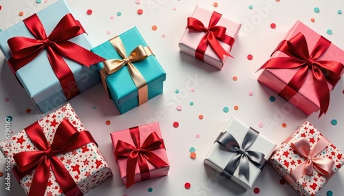 Elegant gift boxes, ribbon bows, festive pattern, gift box, box