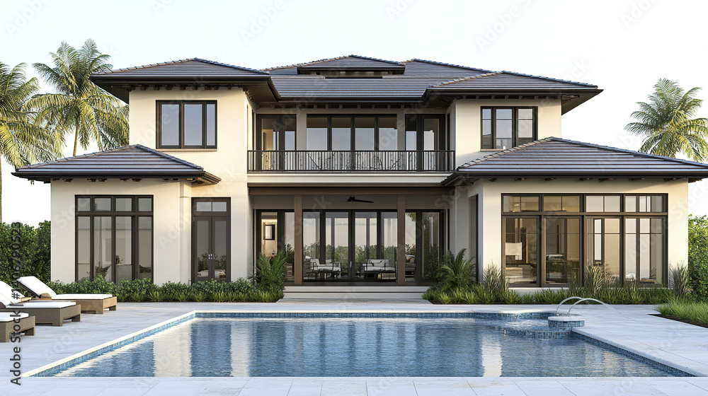 Elegant modern house with pool and palm trees, exuding luxury and relaxation Elegant modern house with pool and palm trees, exuding luxury and relaxation
