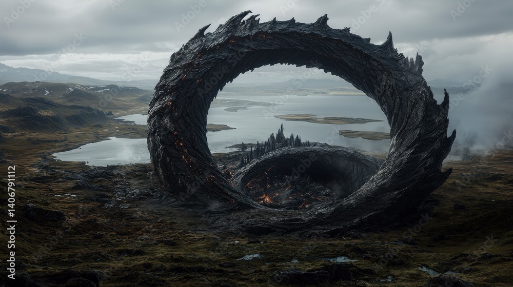 Fototapeta premium Mysterious giant circular structures emerge in remote landscape iceland fantasy scene dramatic atmosphere aerial view