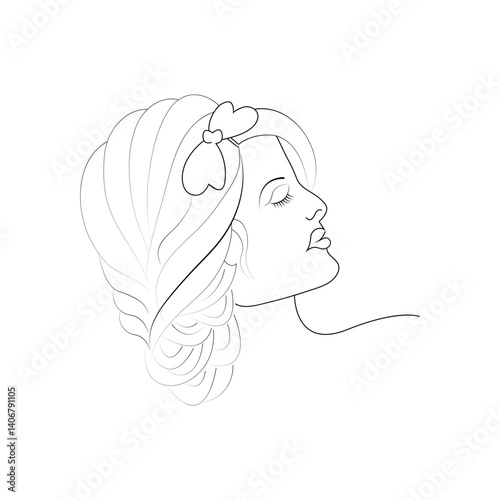 A wonderful abstract woman face , wavy longhair, hair bun and vector illustration line drawing with cap.