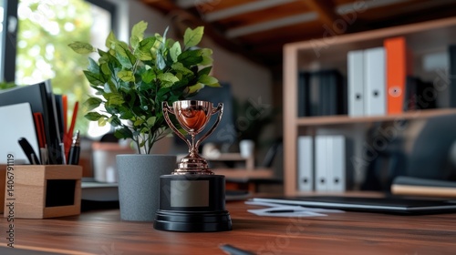 Trophy on office desk symbolizing success and achievement in career