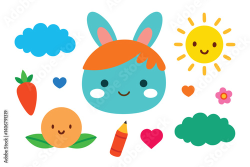 Cute Blue Bunny Head with Carrot, Orange, Sun, Pencil and Hearts on White