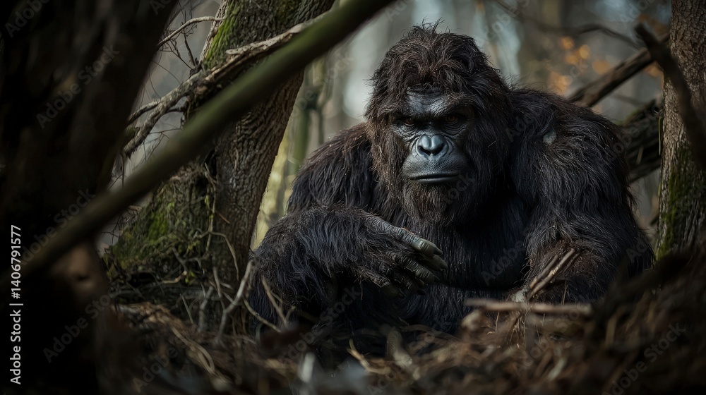 Fototapeta premium Gorilla observing its habitat dense forest wildlife photography natural environment close-up animal behavior