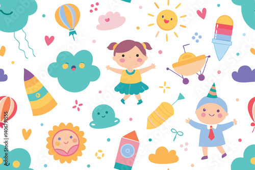Cute Childish Seamless Pattern with Clouds Sun Boy Girl Rockets on White