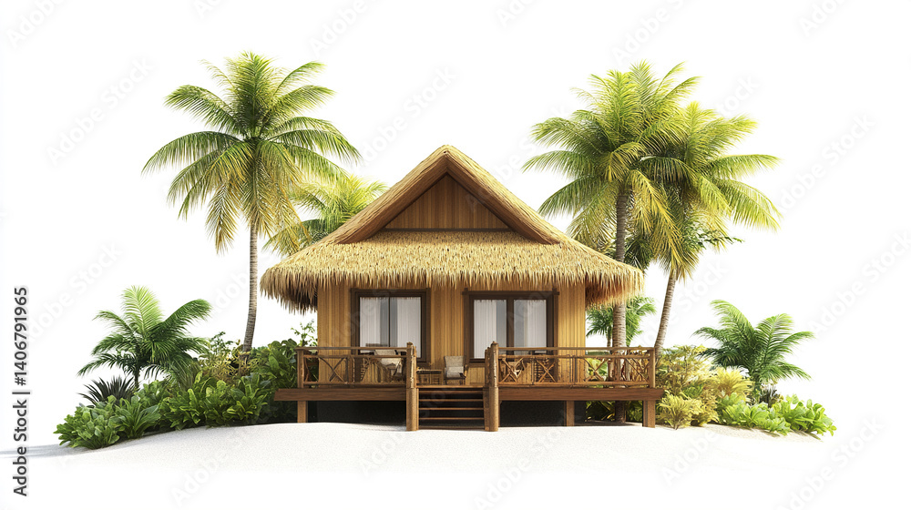 Fototapeta premium Tropical hut with palm trees on white background, serene setting