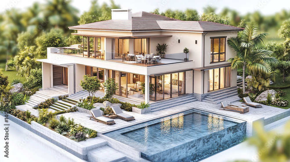 Fototapeta premium Modern resort style house with pool and lush greenery
