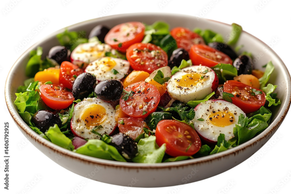 Freshly prepared salad with cherry tomatoes, olives, and dressing served in a bowl Freshly prepared salad with cherry tomatoes, olives, and dressing served in a bowl