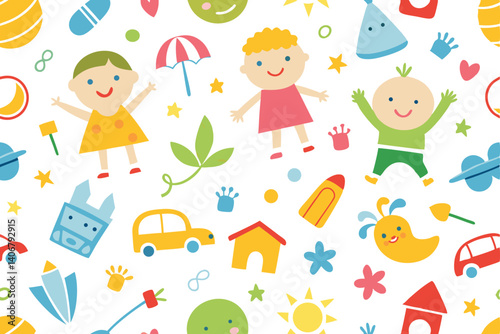 Happy Cartoon Kids Seamless Pattern with Toys on White Background, Cheerful Children