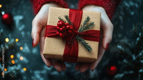 A person holding a christmas gift with a red ribbon and berries in their hands on a festive background photo