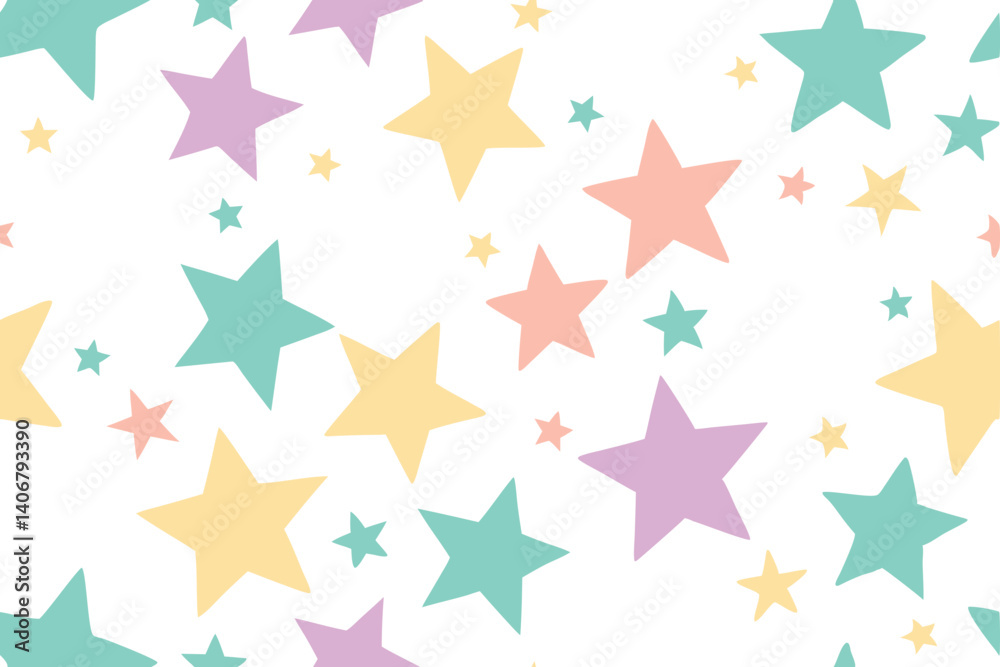 Pastel Stars Pattern, Light Peach, Violet, Light Yellow, Teal, White Background