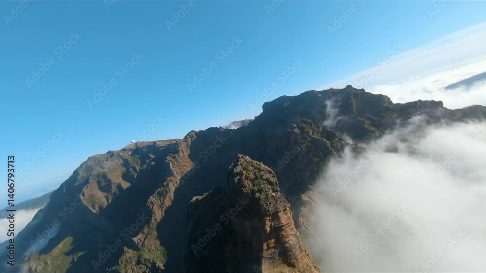 The pr1 trail in madeira, flying over pico ruivo and pico arieiro, fpv drone, aerial view
