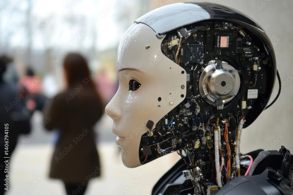 A close-up reveals a humanoid robot with visible internal mechanisms. The robotic figure stands in a public space. A close-up reveals a humanoid robot with visible internal mechanisms. The robotic figure stands in a public space.