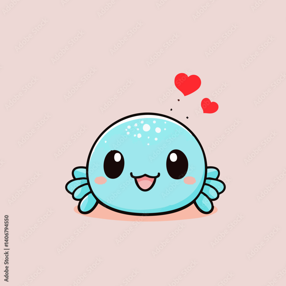 Obraz premium Cute blue cartoon spider with hearts on light pink background