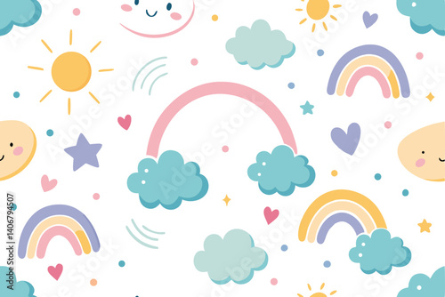 Seamless Pattern Rainbows, Clouds, Suns, Stars, Hearts on White Background