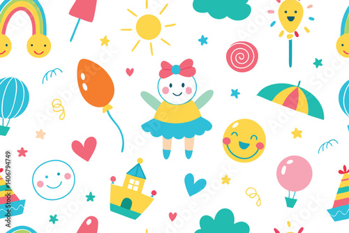 Seamless Pattern with Smiling Rainbow, Sun, Doll, Balloons, Hearts, Star on White