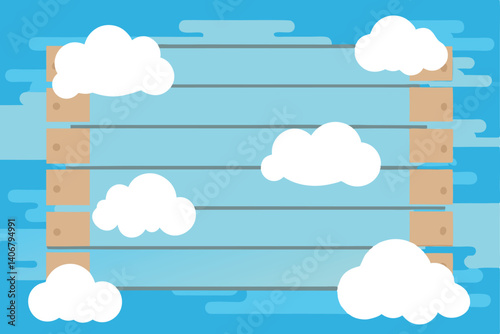 Sky background with wood frame, white clouds, and light blue horizontal panels