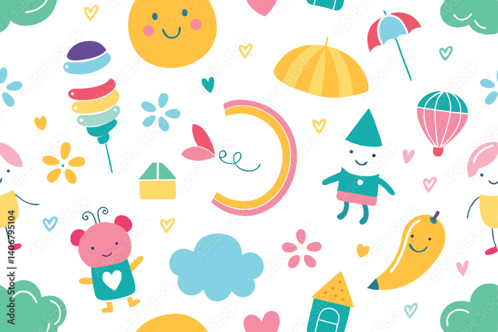 Smiling Cartoon Elements with Umbrella, Heart, Flower, Cloud on White Background Smiling Cartoon Elements with Umbrella, Heart, Flower, Cloud on White Background
