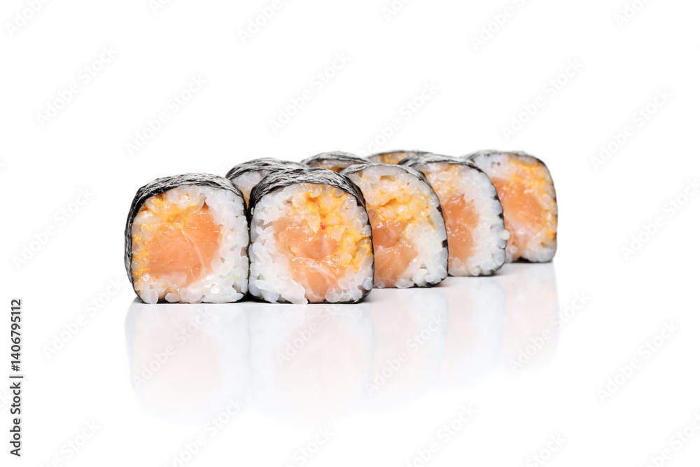Fresh Salmon Sushi Rolls on White Reflective Surface Fresh Salmon Sushi Rolls on White Reflective Surface