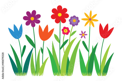 Vivid Flowers with Long Green Stems on a White Background