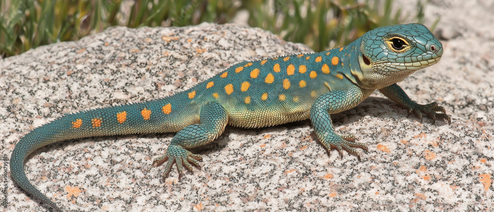 Obraz premium Vibrant lizard, turquoise and orange, basking on granite rock