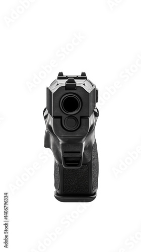 A close-up, head-on perspective of a black pistol barrel conveys a sense of force and intent. Isolated, transparent background, png.