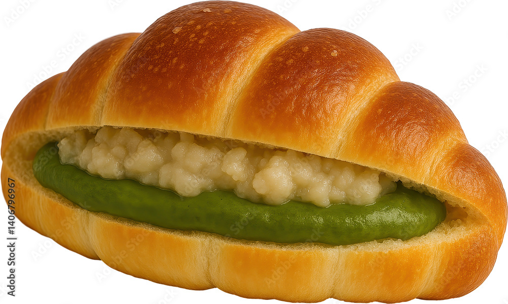 Freshly baked Japanese style Shio Pan bread with green tea and white bean filling Freshly baked Japanese style Shio Pan bread with green tea and white bean filling