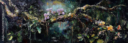 vector illustration of tree branch with orchid flowers, moss and vines in style of oil painting on canvas	