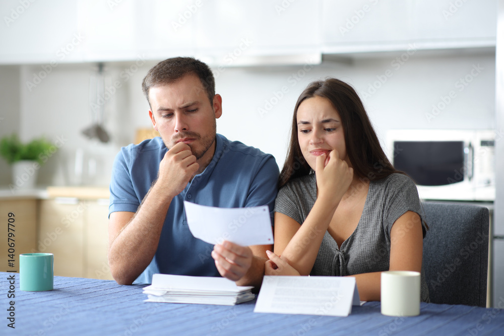 Worried couple checking bank statement in a house Worried couple checking bank statement in a house