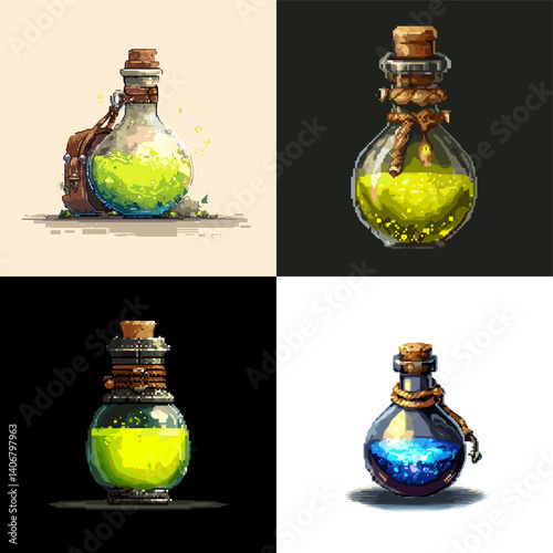 Pixel art illustration of four magical potion bottles glowing with vibrant liquid colors. Perfect for game assets, fantasy themes, pixel RPG design, and digital collectibles.

 