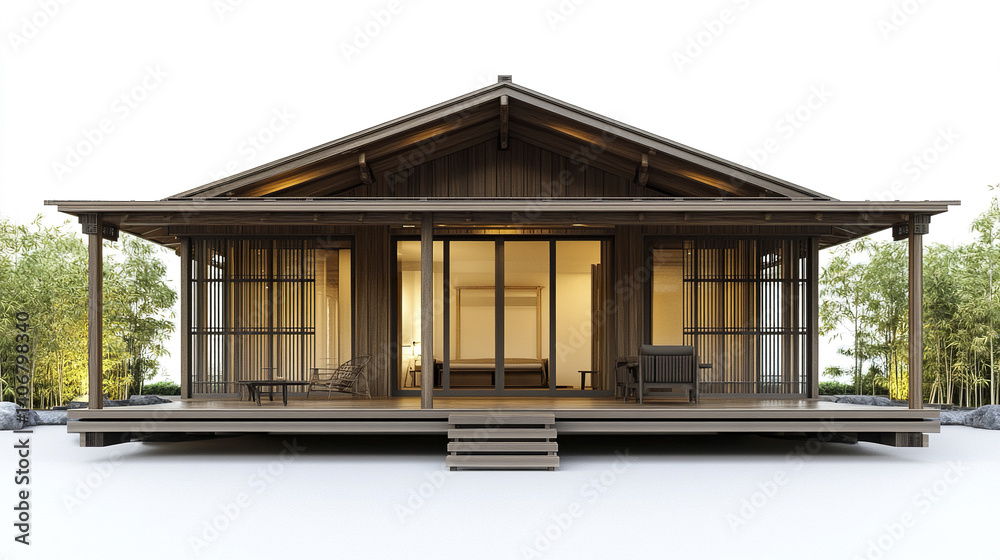 Wooden house with open porch and bamboo background. Tranquil and inviting Wooden house with open porch and bamboo background. Tranquil and inviting