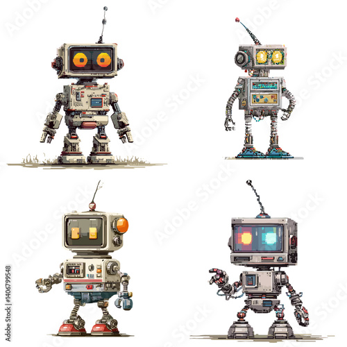 Set of cute retro robots with square heads and mechanical limbs, perfect for tech, AI, sci-fi, and kids’ illustrations. Isolated on white background, colorful and detailed.

