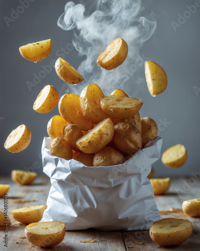 Steaming potatoes: A whimsical scene of freshly cooked potatoes tumbling from a white bag, hinting at warmth and culinary delight. photo